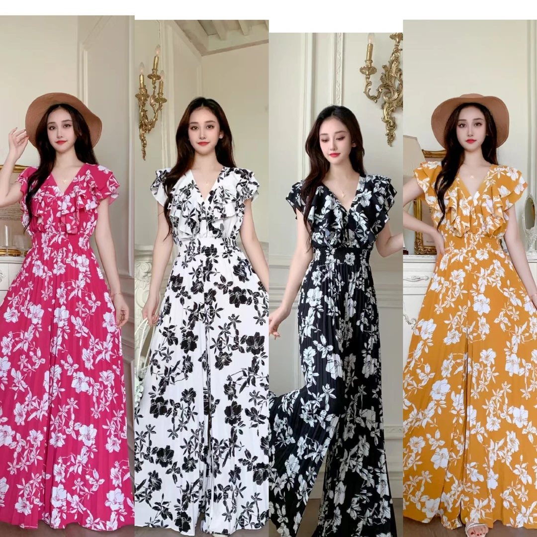 度假风小众印花荷叶飞飞袖连衣裤女夏季松紧收腰显瘦百褶阔腿长裤