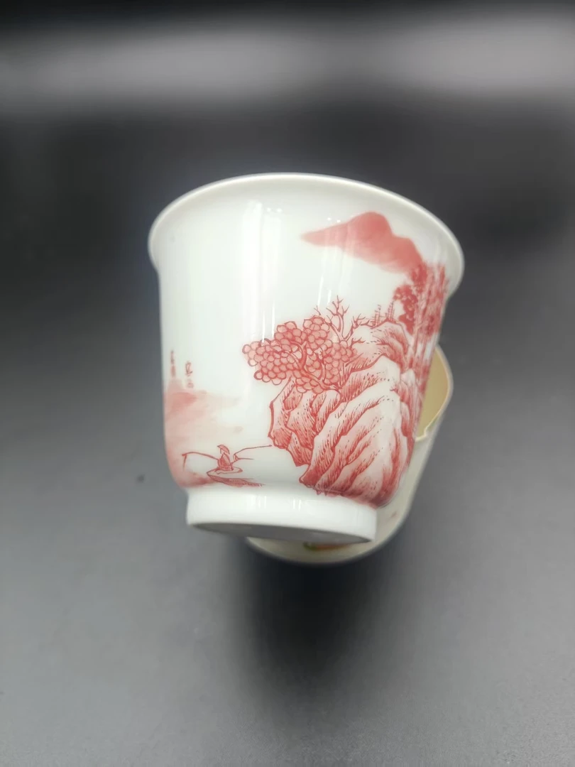中国红山水人物茶杯