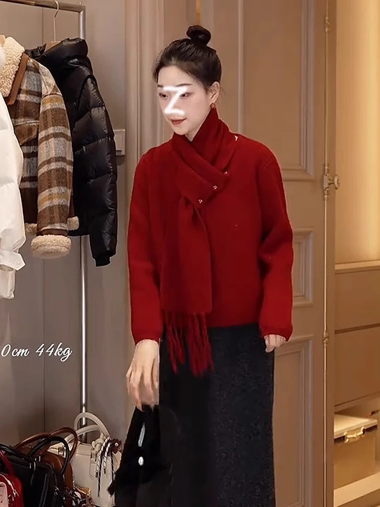鸥小柒同款女装韩系设计感针织衫女春秋可拆卸围脖领红色毛衣上衣