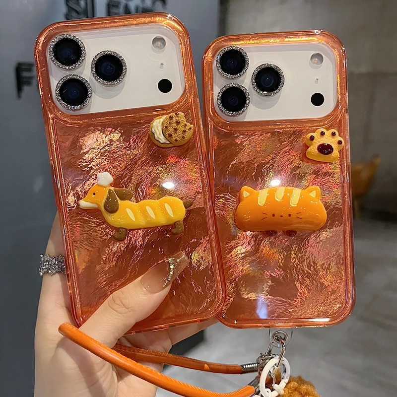 适用苹果系列iPhone17新款手机壳可爱风面包猫咪抽绳半包大孔透气