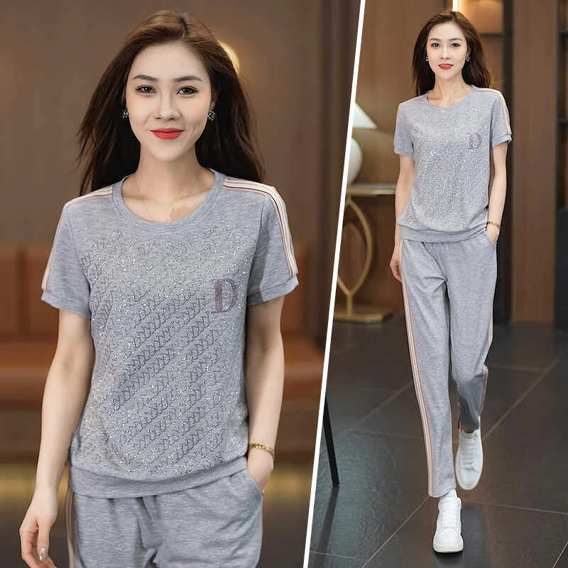 25圆领烫砖套装女休闲减龄套装妈妈装短袖T恤减龄两件套8256