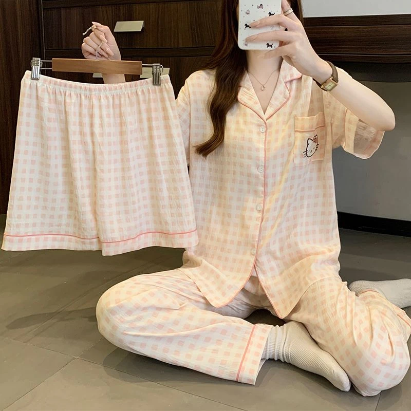 hellokitt睡衣女夏2025新款粉色云朵棉格子可爱学生家居服三件套