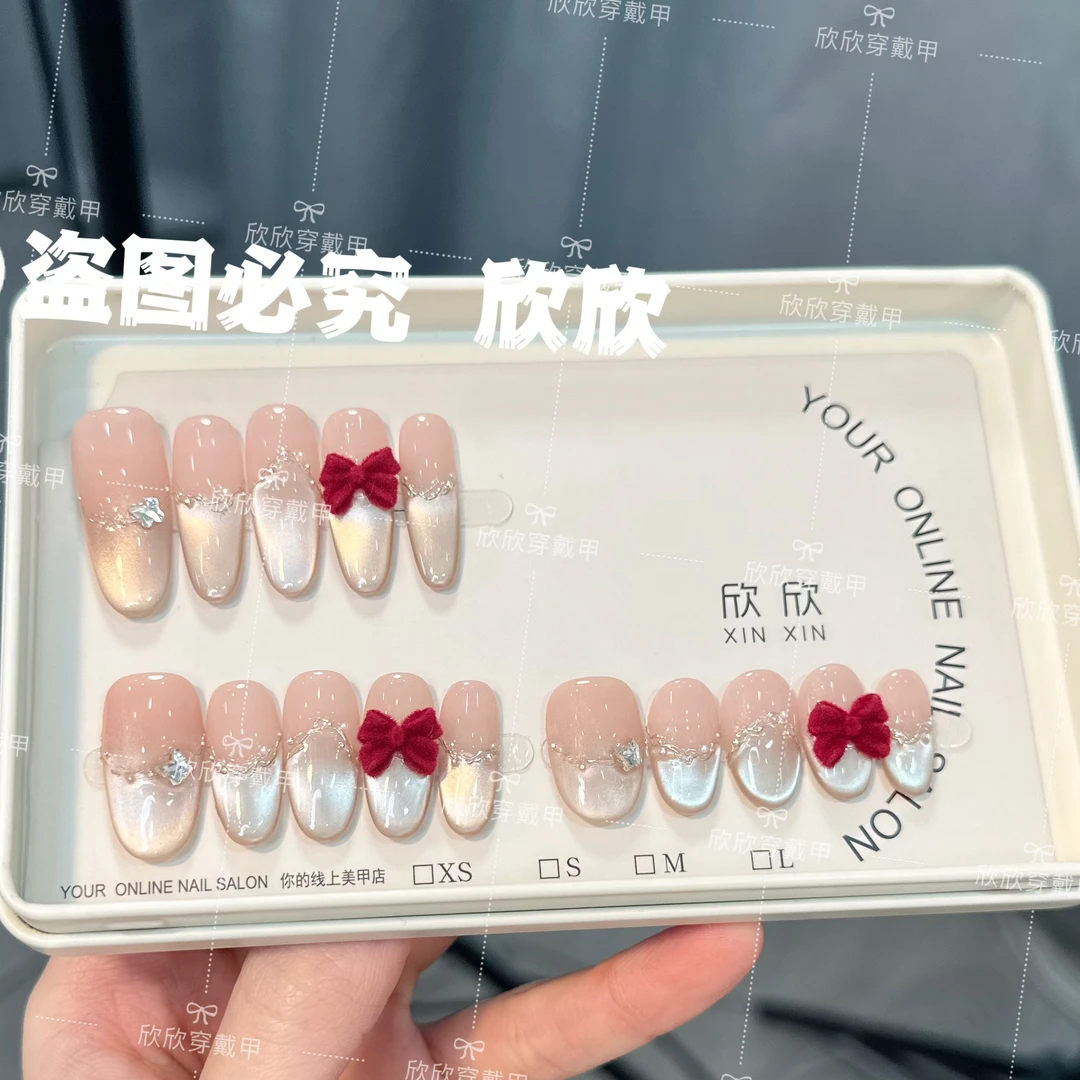 丝绒蝴蝶结（新年款）Hand-painted clear bow 纯手工穿戴甲 10片装