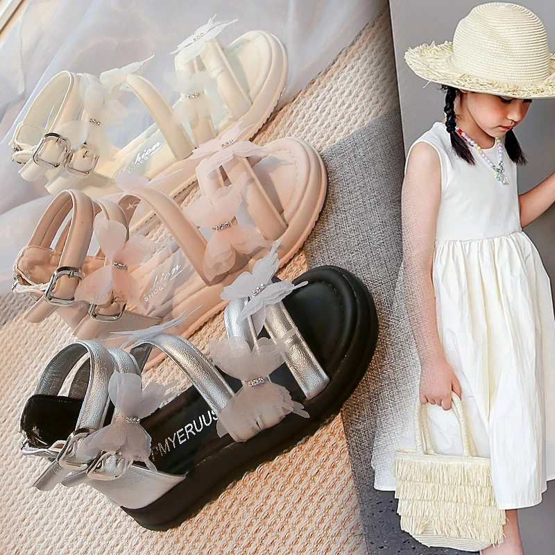 女童蝴蝶结公主鞋2025夏季新款女孩露趾凉鞋儿童软底沙滩凉鞋9022