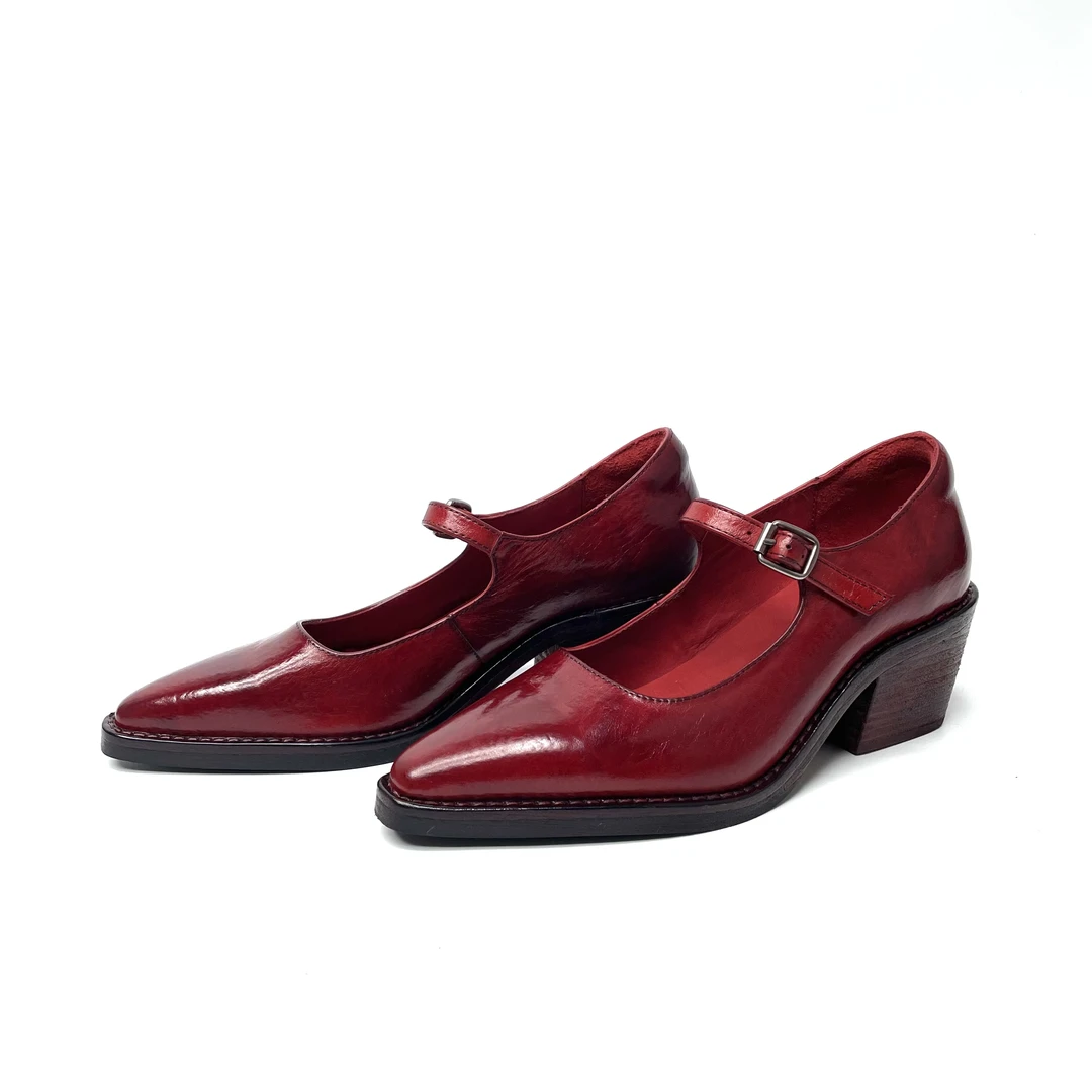 手工做旧水洗马皮粗跟浅口玛丽珍女鞋尖头气质高跟单鞋女255-2