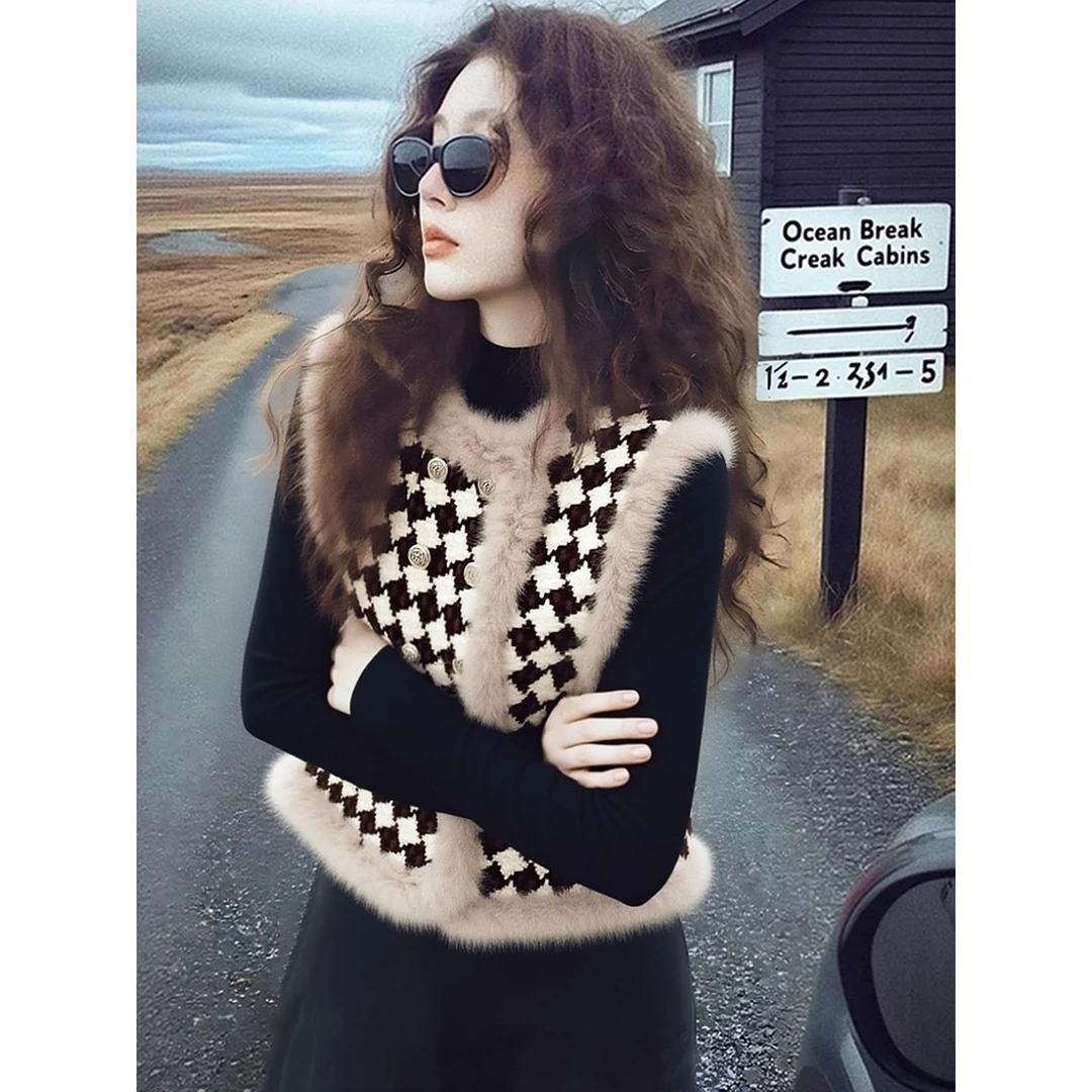 2025冬季新款巨好看时髦洋气加厚漂亮叠穿卡其色千鸟格马甲上衣女