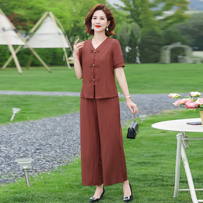 中老年女装夏季冰丝麻大码套装短袖九分裤妈妈装洋气开衫两件套薄