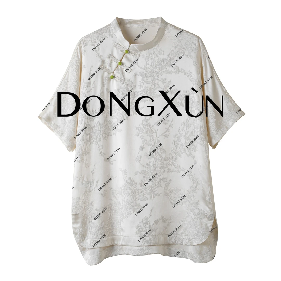 【雪花】真丝桑蚕丝新中式国风刺绣冠乐绉提花圆领短袖DX25AS025