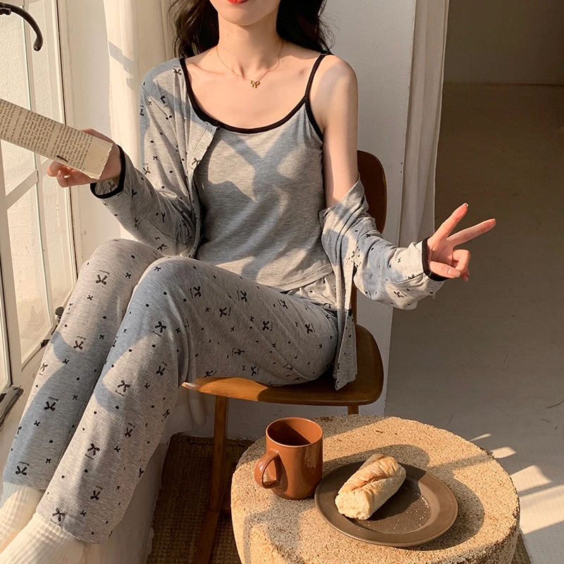 春秋莫代尔长袖三件套甜美公主风睡衣女蝴蝶结带胸垫家居服可外穿