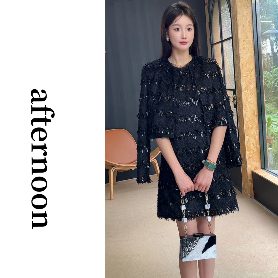 afternoon2025秋季新款设计感轻奢显白显瘦重工珠片无袖连衣裙