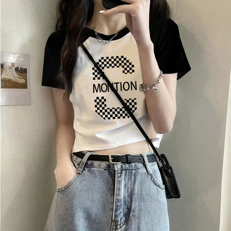 黑白撞色宽松棉短袖圆领T恤女夏季新款小众上衣修身打底衫