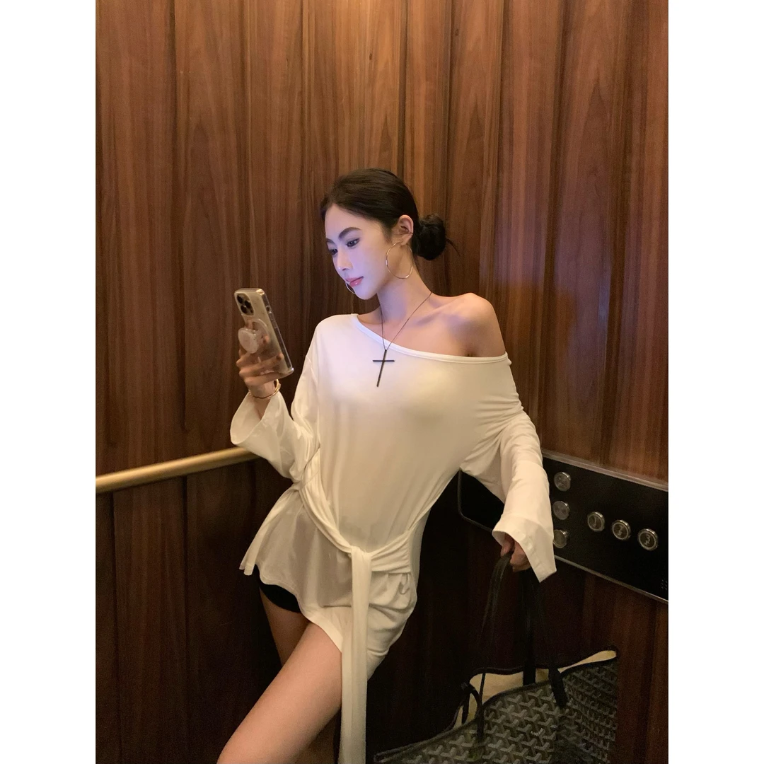 长袖软糯亲肤薄款T恤显瘦弹力系带休闲洋气百搭防晒上衣