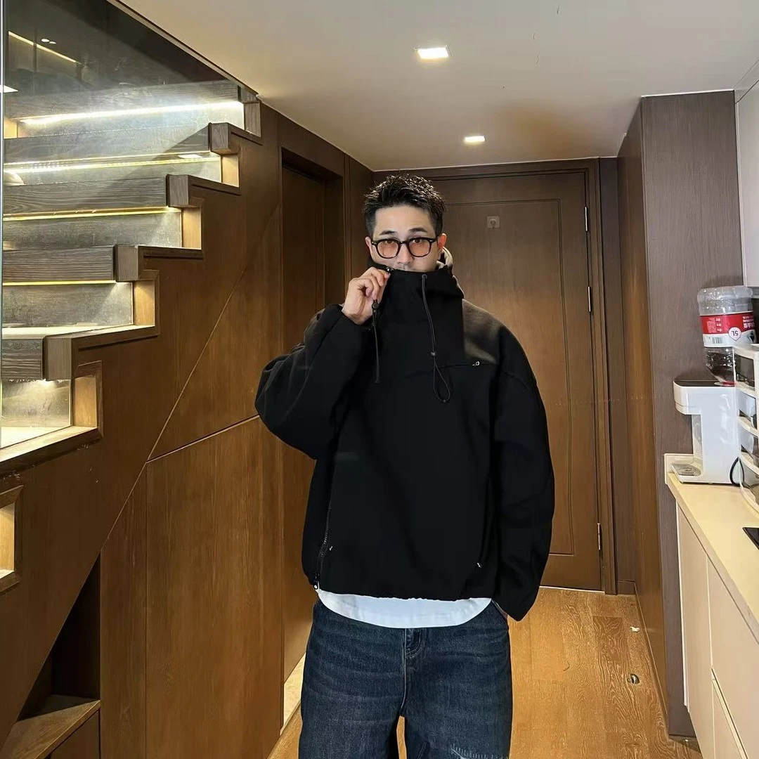 XDZZ二狗25ss秋季时尚简约百搭纯色宽松加厚连帽卫衣外套W9909