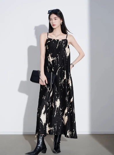 【5号福袋】美洋MEIYANG泼墨艺术吊带裙 法式度假印花细带连衣裙S