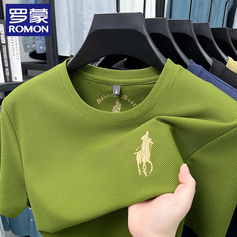 罗蒙品牌夏季冰感舒适透气短袖男纯色时尚刺绣休闲圆领半袖T恤男