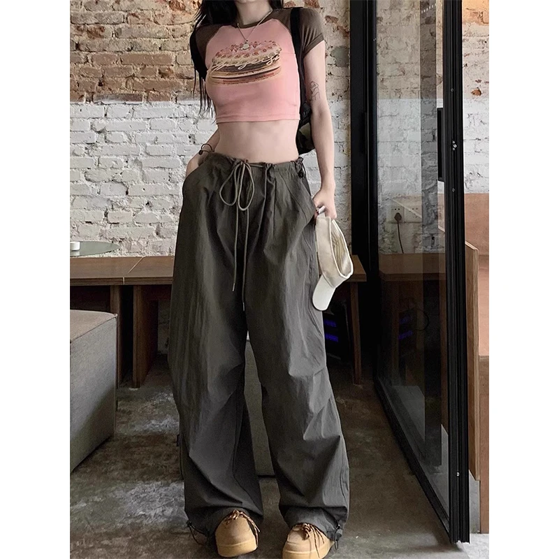 AXEF 美式复古伞兵工装裤女夏季薄款速干运动裤宽松垂感阔腿长裤