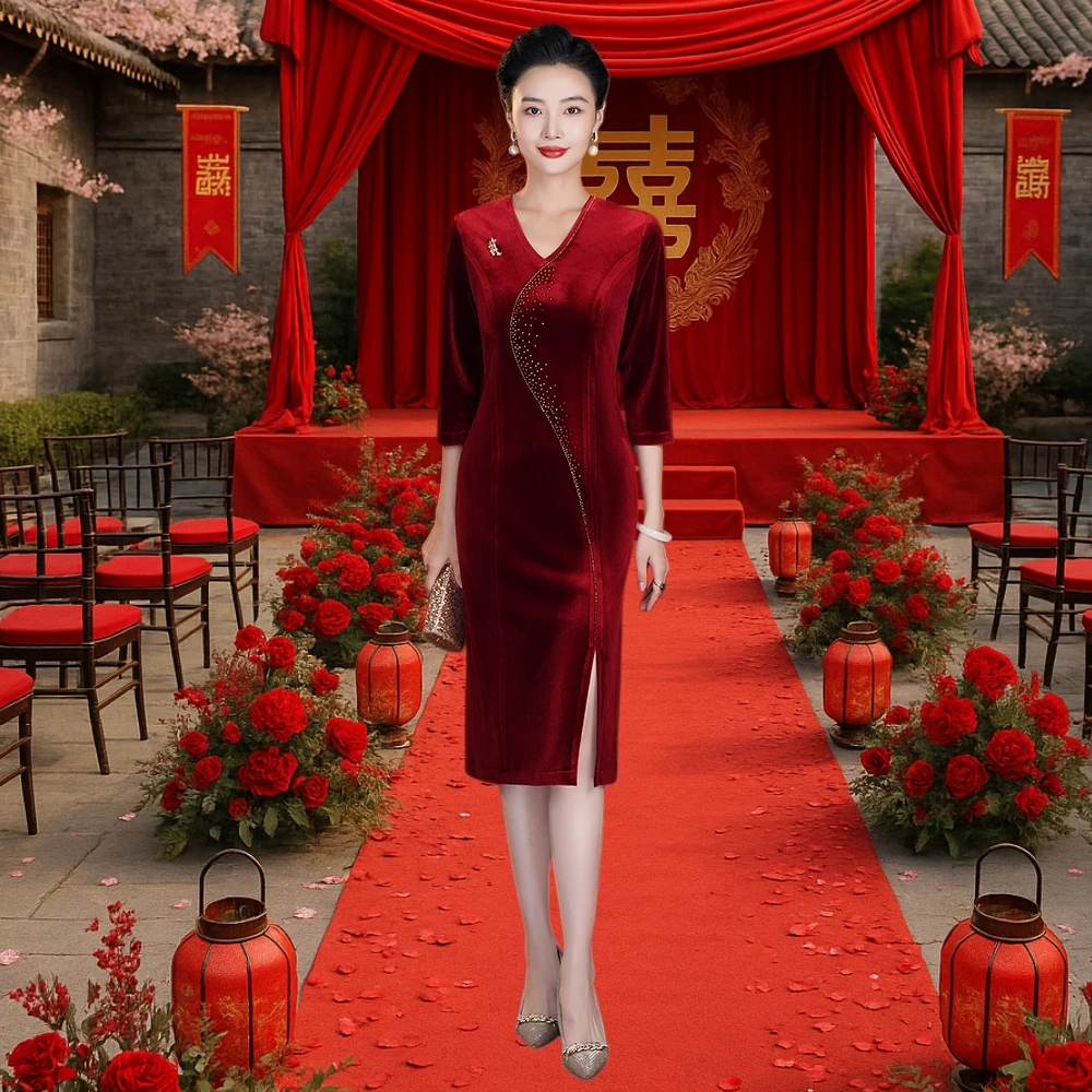 秋冬高贵烫钻新中式喜婆婆婚礼旗袍中国风气质显瘦喜妈妈宴会礼服