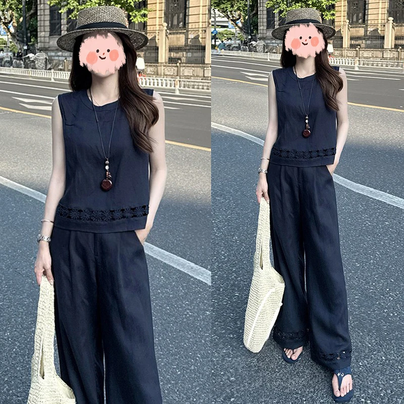 小众女装休闲洋气衣服千金贵气名媛慵懒风无袖上衣宽松阔腿裤套装