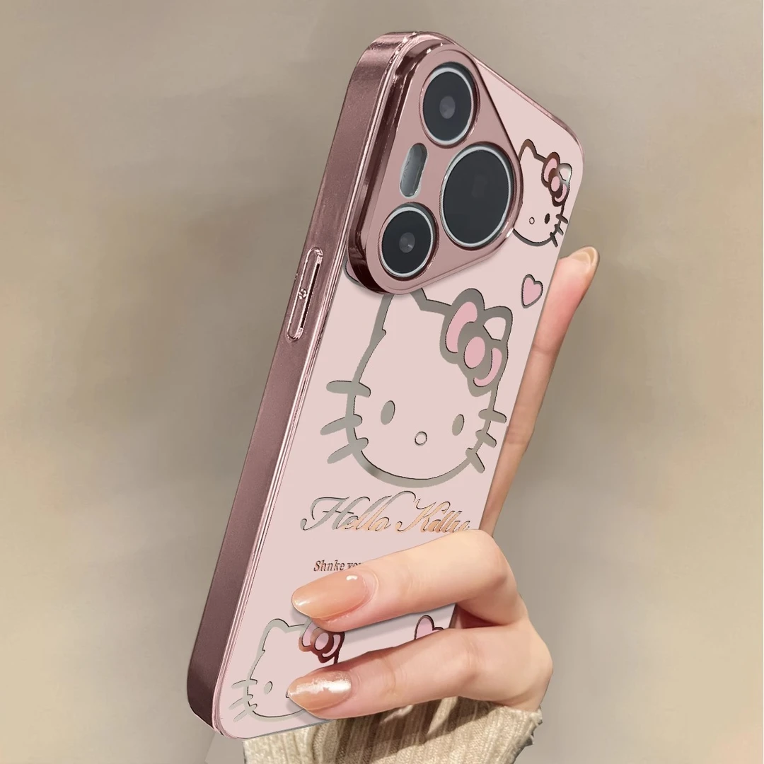 适用于华为pura70Pro手机壳豆沙粉猫电镀镜面p60外硅胶全包防摔50