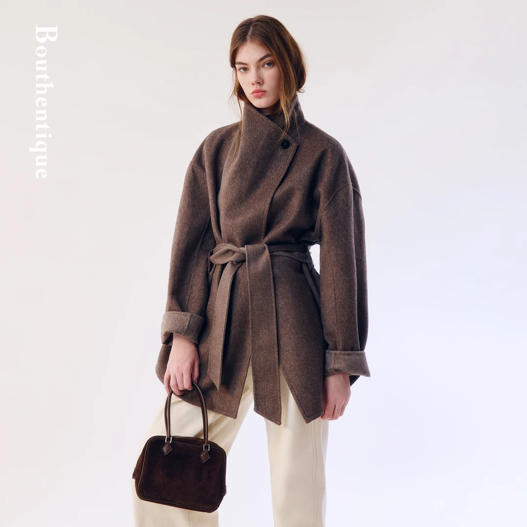 Bouthentique秋冬气质时尚百搭翻领系带双面呢料外套T25411C1M09