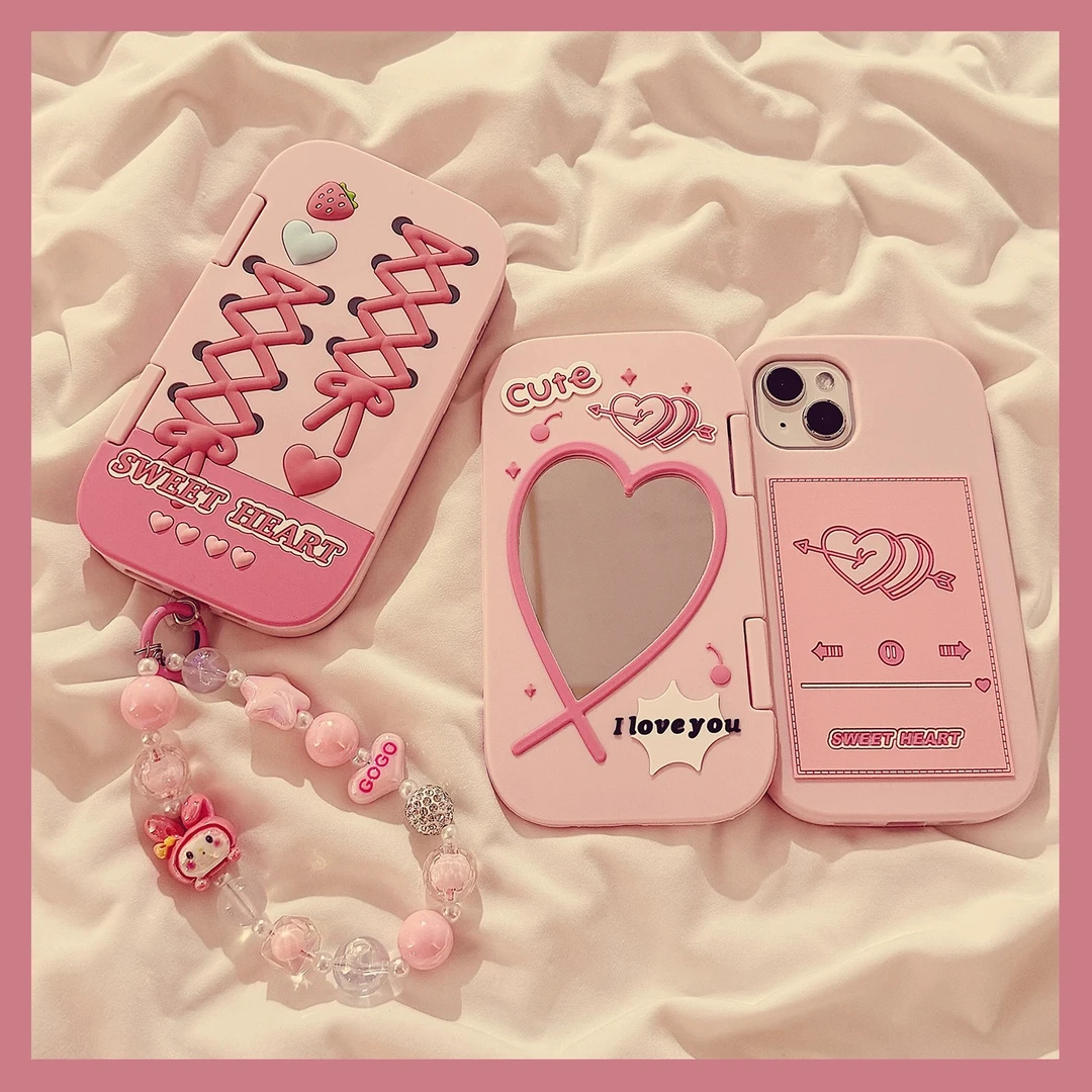甜酷粉爱心蝴蝶结镜子适用苹果16ProMax手机壳iphone15新款14翻盖