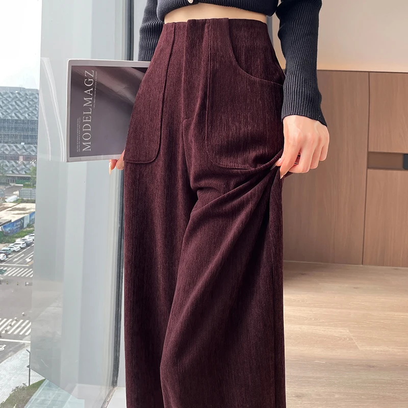 安可拉红灯芯绒西装裤女秋冬2025新款高腰垂感直筒雪尼尔阔腿裤子
