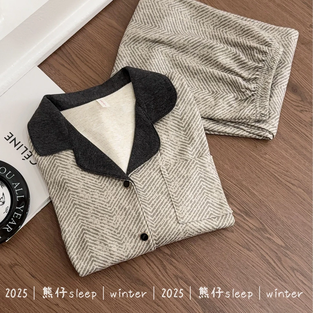 『轻奢老钱』秋冬睡衣女亲肤双面磨毛绒保暖撞边高级长袖家居服套装