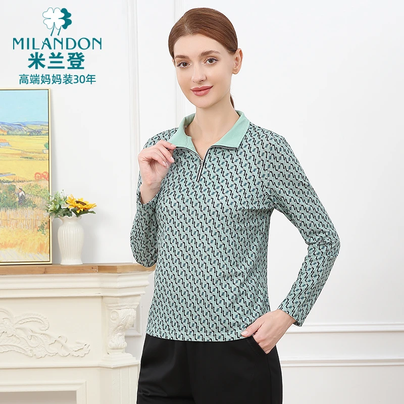MILANDON/米兰登秋季休闲风POLO衫显瘦女长袖翻领印花T恤1O370009