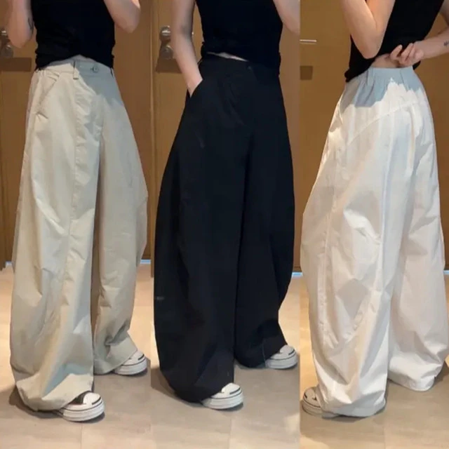 高街时尚弯刀休闲工装阔腿裤女夏季高腰宽松显瘦直筒拖地长裤子潮