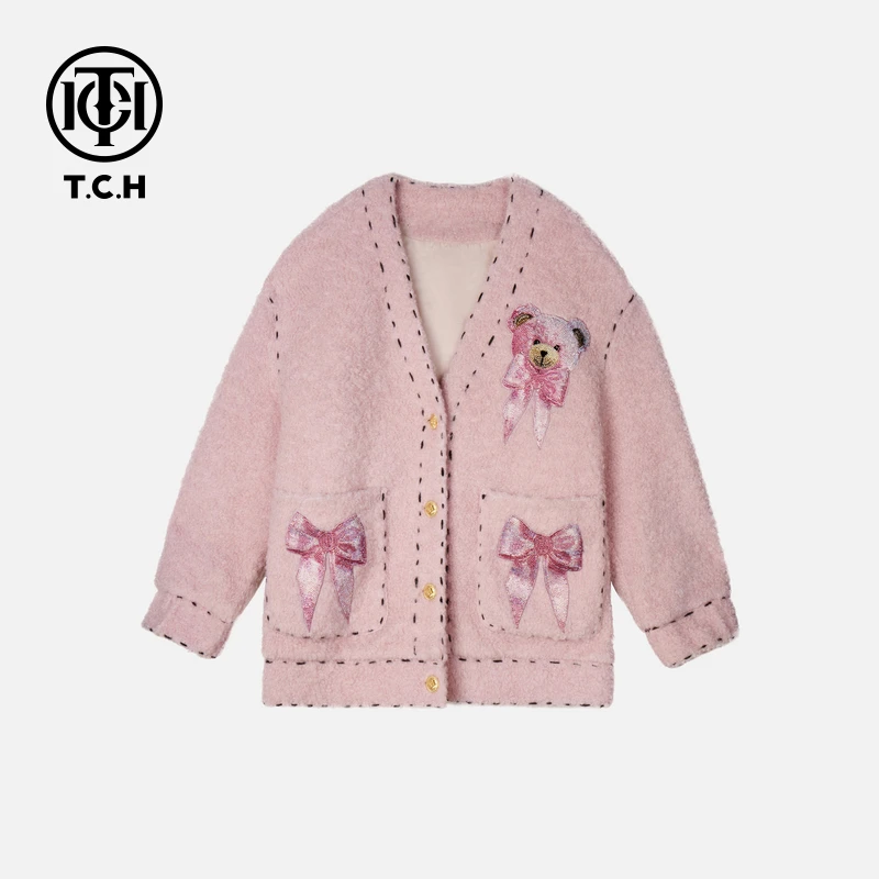 TCH轻奢烫钻工艺绵羊毛小香风毛呢大衣外套女士T72D056026私服tch