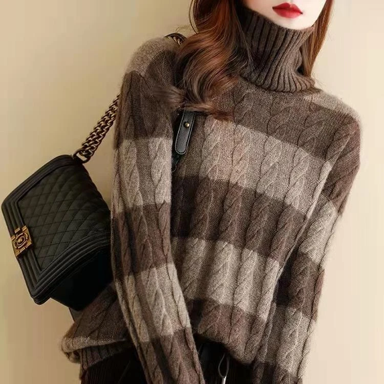 复古撞色条纹绞花套头高领毛衣女2025秋冬新款慵懒风显瘦针织衫