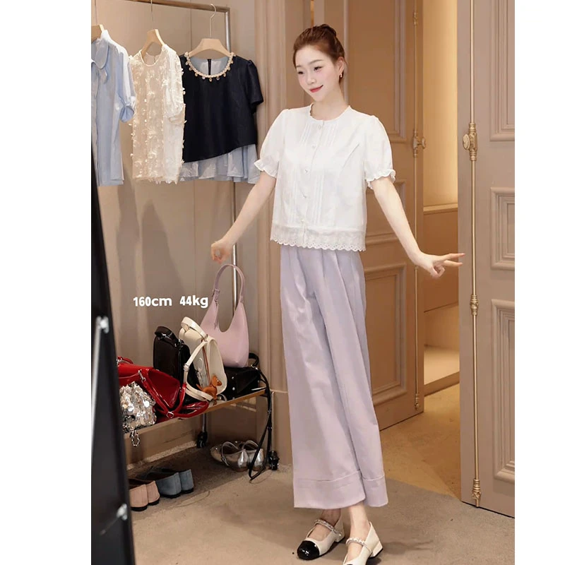 夏季温柔系穿搭2025新款韩版简约气质百搭上衣休闲显瘦裤子两件套