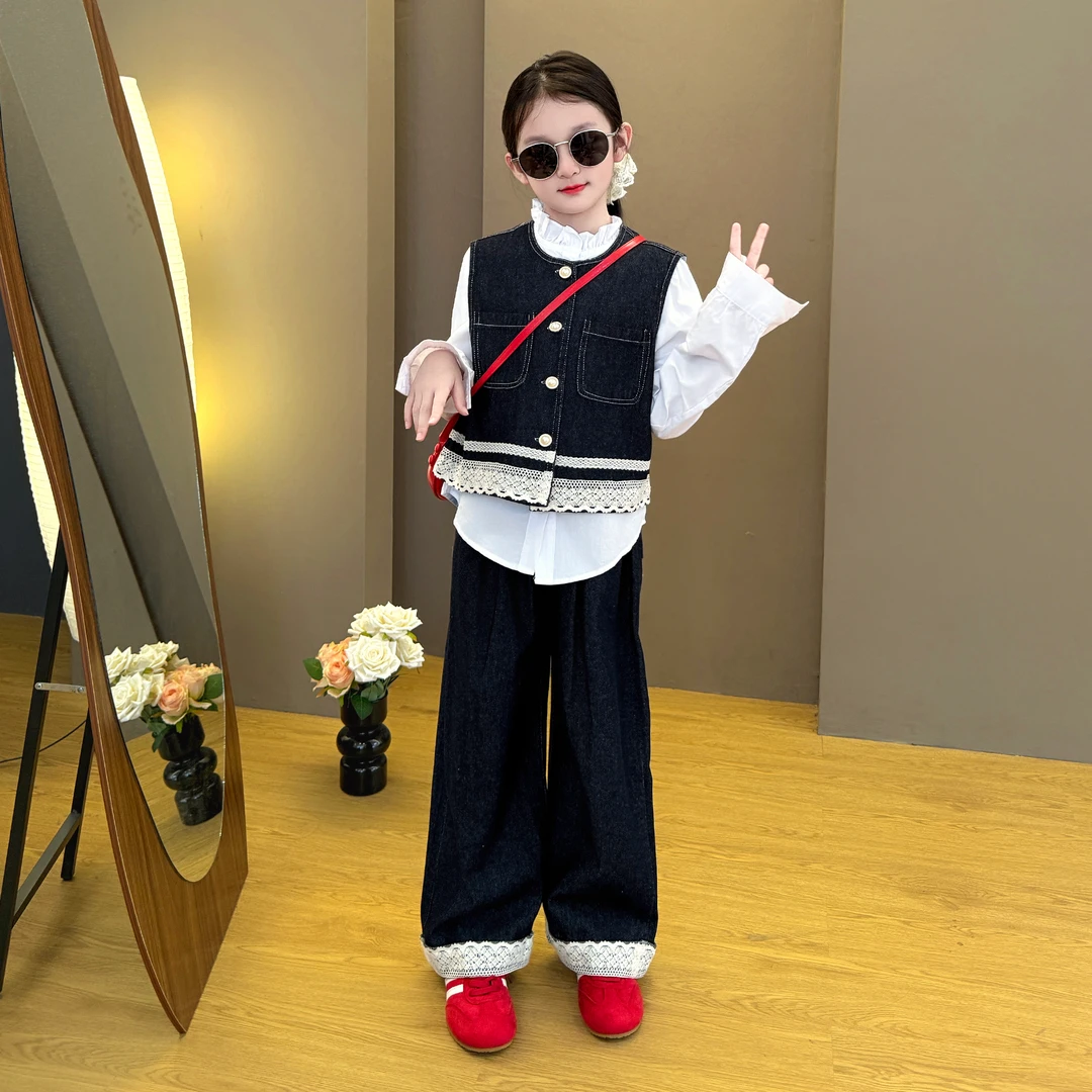 女童2025新款春秋季韩版甜酷时尚蕾丝边牛仔马甲套装衬衫三件套潮