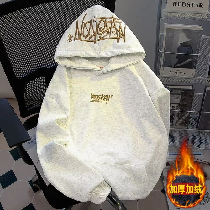 秋冬季字母刺绣卫衣男女连帽高街情侣加绒加厚百搭休闲上衣外套