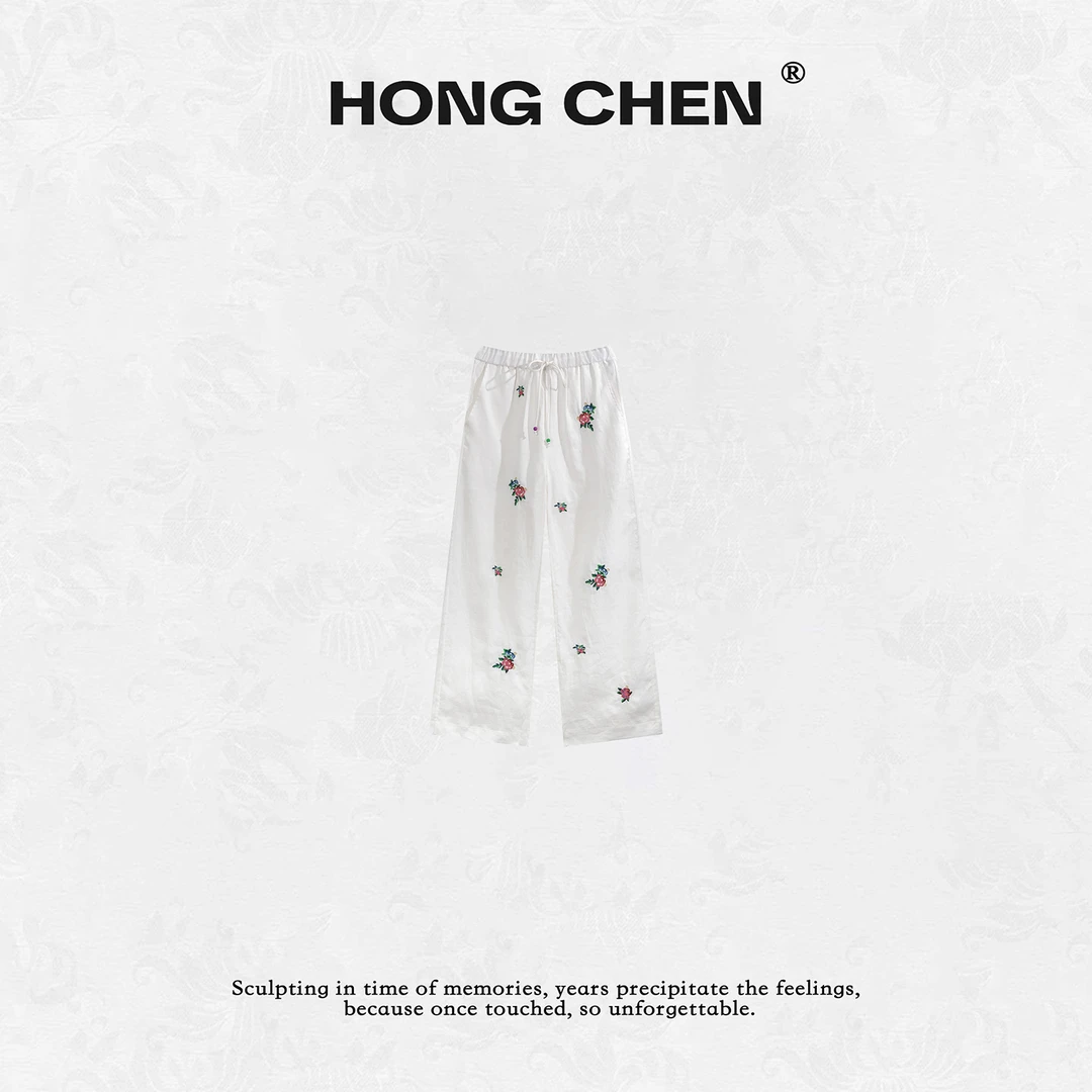 【虹辰】高端时尚进口亚麻牡丹春藤绣花裤百搭高级感休闲裤--HC2553