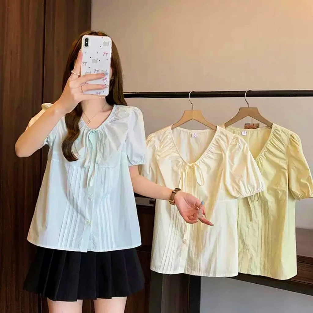 法式抽褶系带v领泡泡袖衬衫女夏装大码胖mm遮肚子显瘦娃娃衫上衣