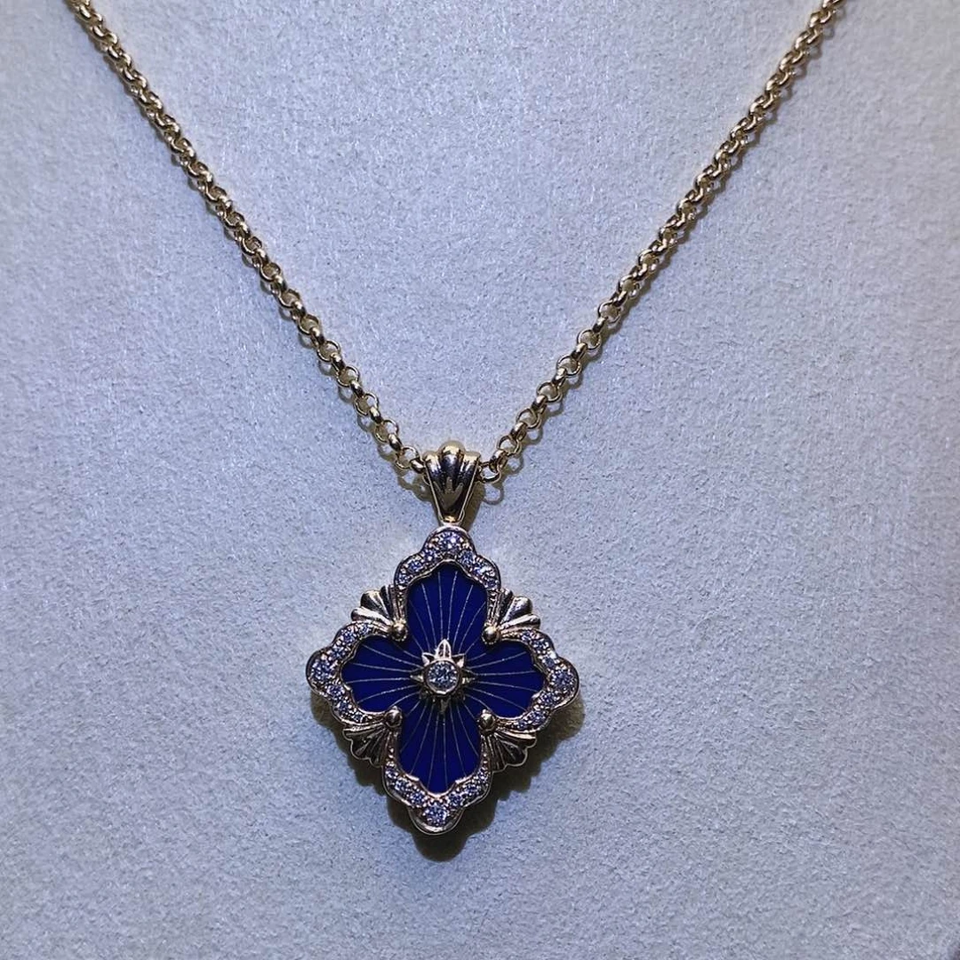 颈饰钻石18K金镶嵌蓝色珐琅工艺钻石项链k黄