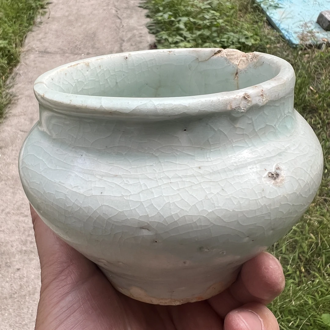 青白釉开片罐子，全场包邮