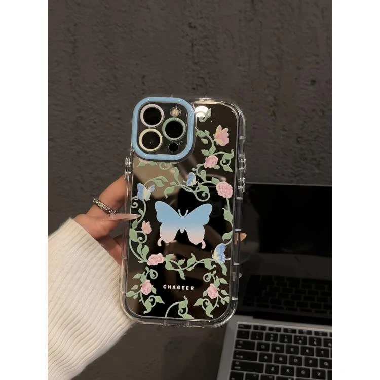 蝴蝶牡丹花藤蔓适用苹果16pro创意iPhone15手机镜面奶油壳华为p70
