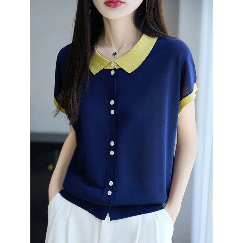 双扣撞色翻领小飞袖开衫短袖女款爆款2025新款夏季针织出游穿搭