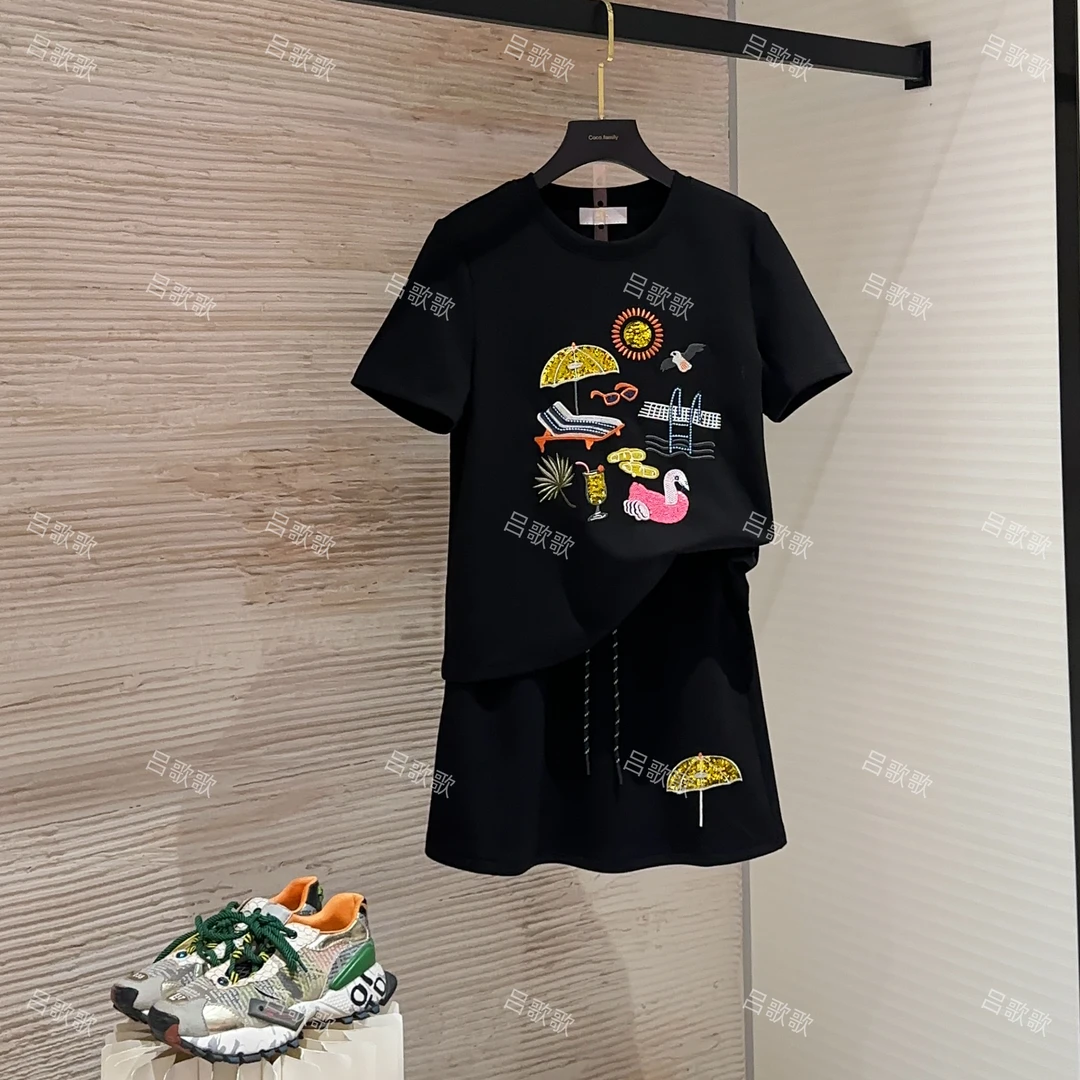 【宠粉价】黑色刺绣沙滩度假风短袖套装裙两件套连衣裙裤JC-A3751