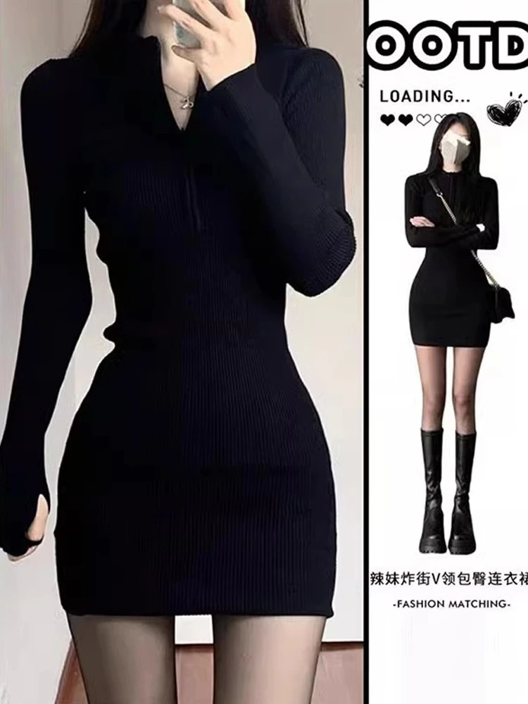纯欲风辣妹针织裙女秋冬御姐修身黑色V领内搭包臀打底连衣裙长袖