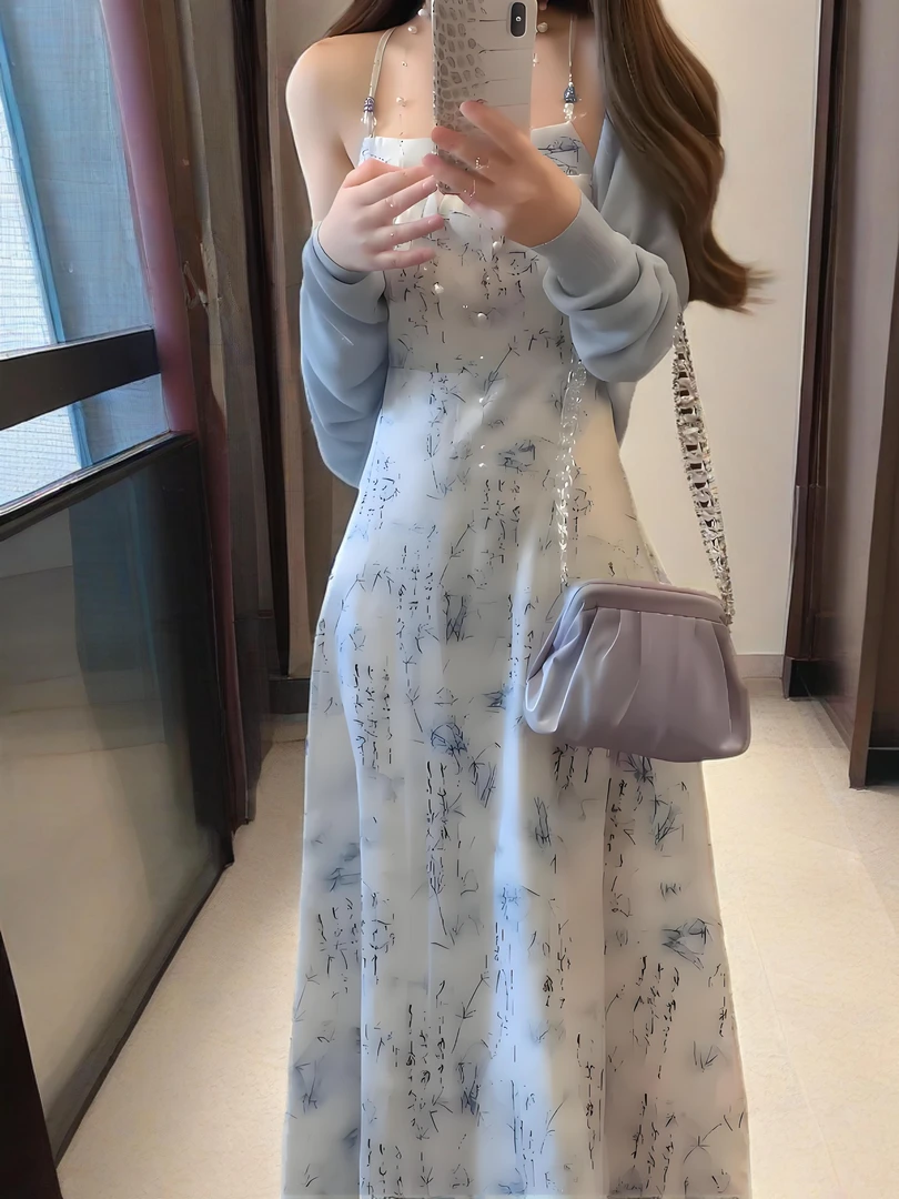 2025新中式国风复古清冷感竹叶水墨画吊带连衣裙气质防晒空调开衫