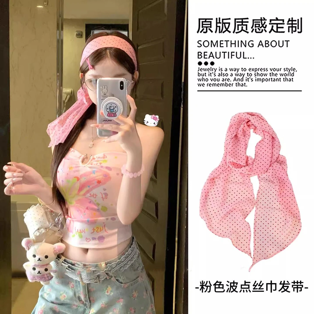 韩系甜美粉色波点丝巾发带小众辣妹音乐节穿搭配饰品腰带发箍头巾