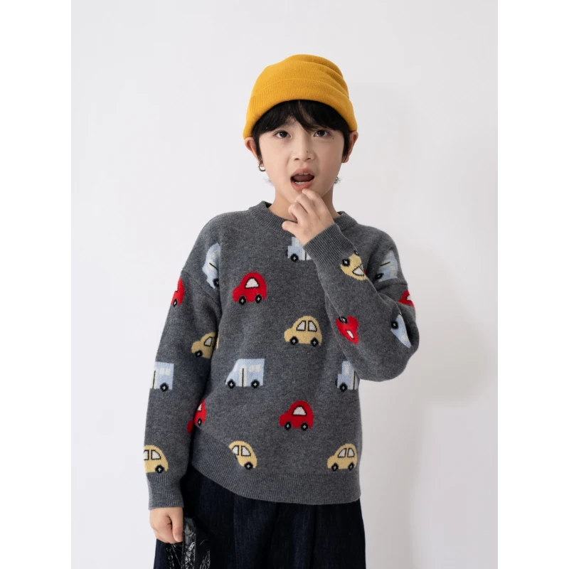 ‘童真’【100%羊毛】男童满身小汽车卡通图案羊毛衫儿童毛衣C