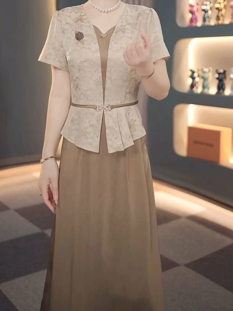 花瑶云锦缎连衣裙2025夏季新款女时尚气质减龄显瘦假两件套装裙子