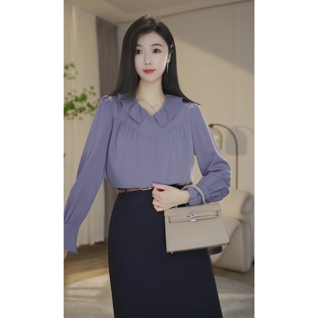 【小北甄选】欧若风8493249时尚纯色显瘦上衣宽松气质小众衬衣