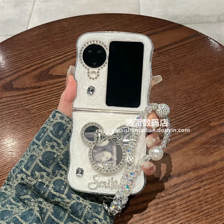 适用oppo find n3 flip折叠手机壳新款闪钻卡通镜子手链保护套女