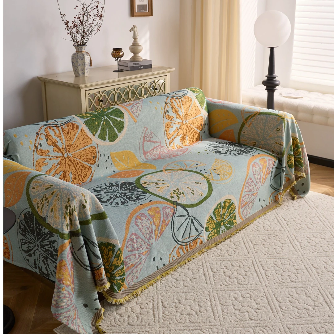 沙发巾夏日柠檬防滑艺术油画风格四季通用沙发罩全盖盖布巾美式