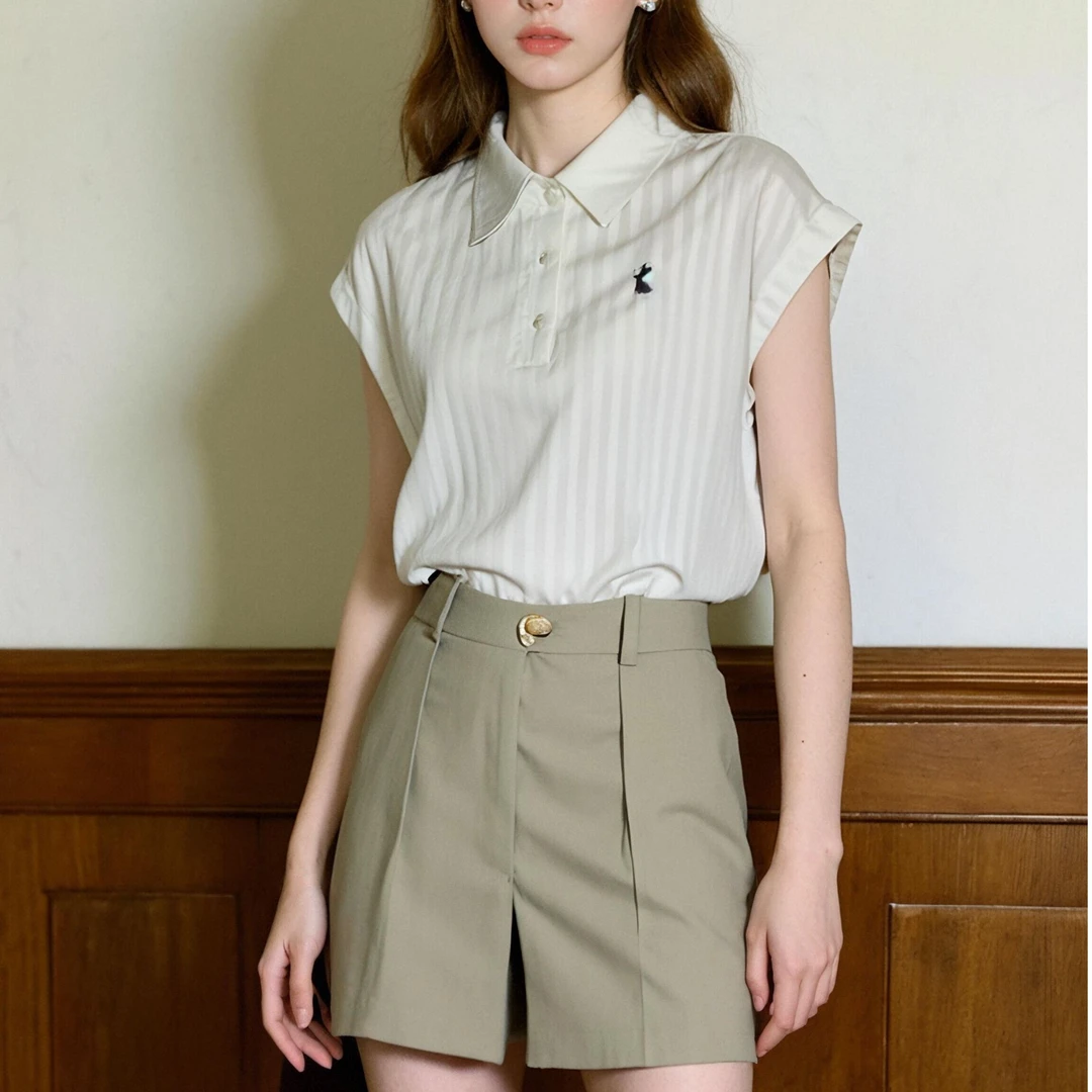 法式极简风主义复古polo领无袖衬衫女2025年夏季新款多巴胺服装女
